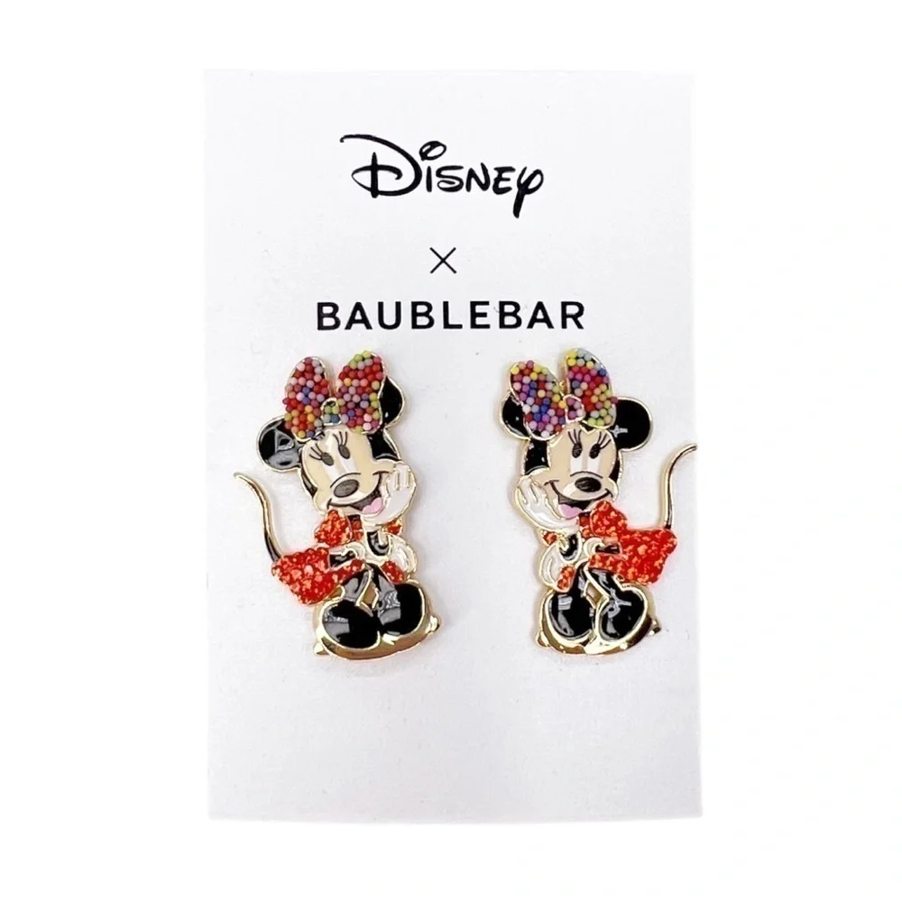 Disney x Baublebar Minnie Mouse Birthday Earrings Enamel Gold Plated New NWT